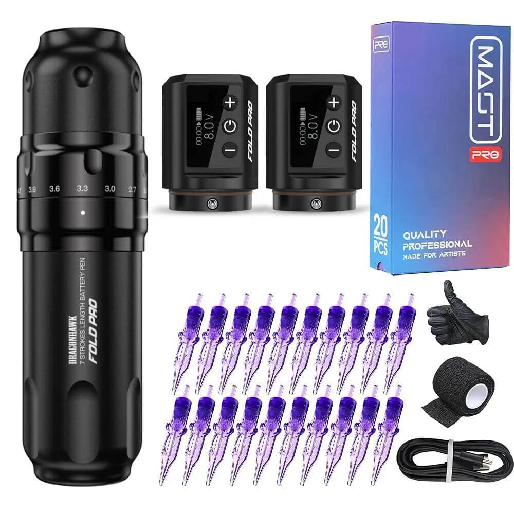 Tattoo Kit | Dragonhawk Fold Pro Rotary Tattoo Machine Pen Wireless Professional Bundle