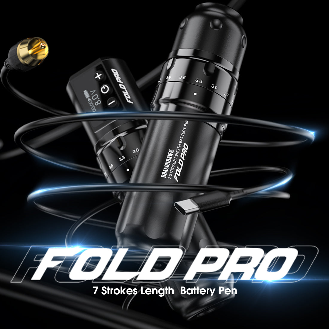 Dragonhawk Wireless Tattoo Pen Machine with 7 Stroke Lengths | Fold Pro (2 Batteries ver.)