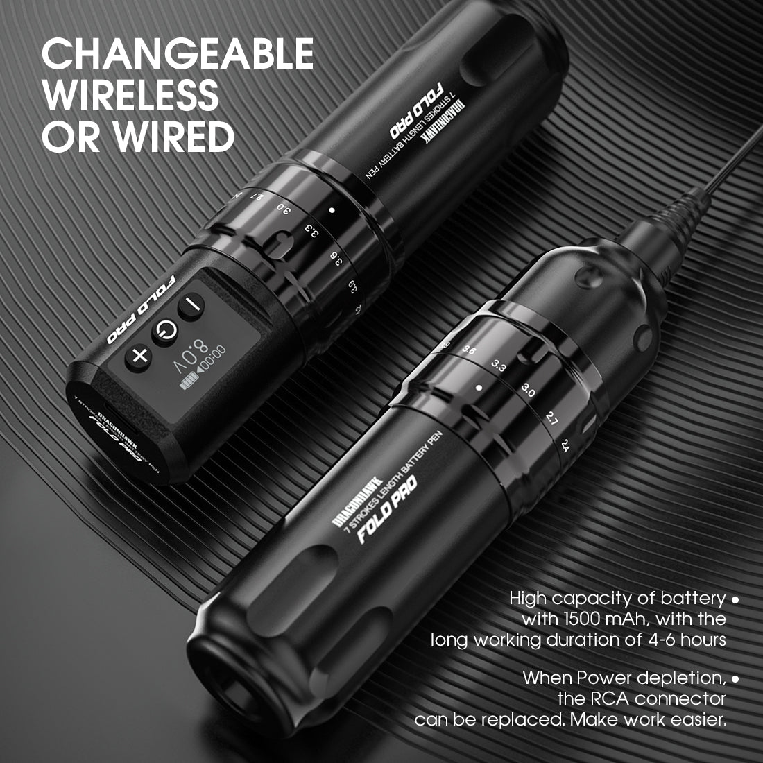 Dragonhawk Wireless Tattoo Pen Machine with 7 Stroke Lengths | Fold Pro (2 Batteries ver.)