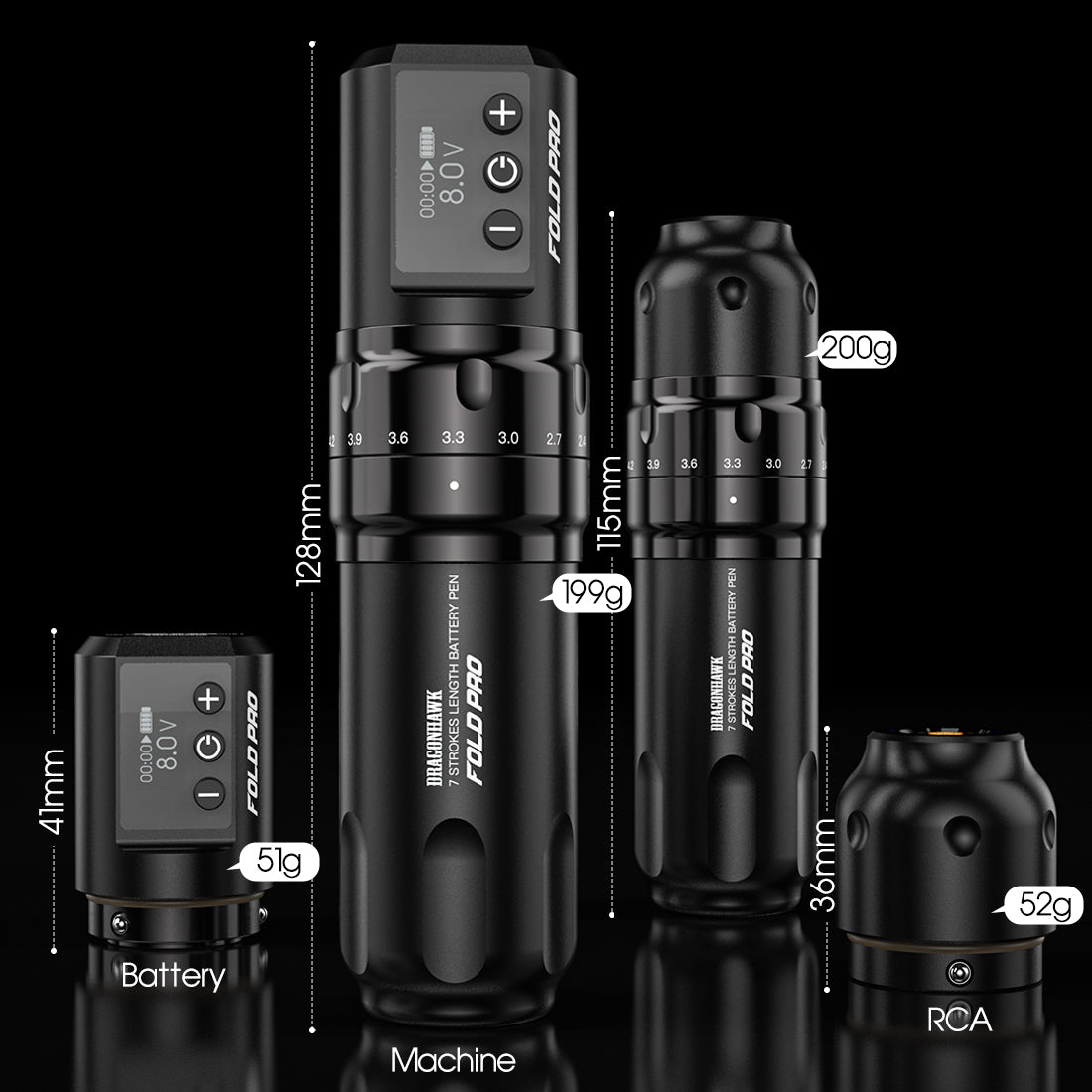 Dragonhawk Wireless Tattoo Pen Machine with 7 Stroke Lengths | Fold Pro (2 Batteries ver.)